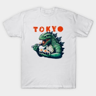 Tokyo Monster Sushi Feast T-Shirt - Fun Urban Dinosaur Graphic Tee T-Shirt